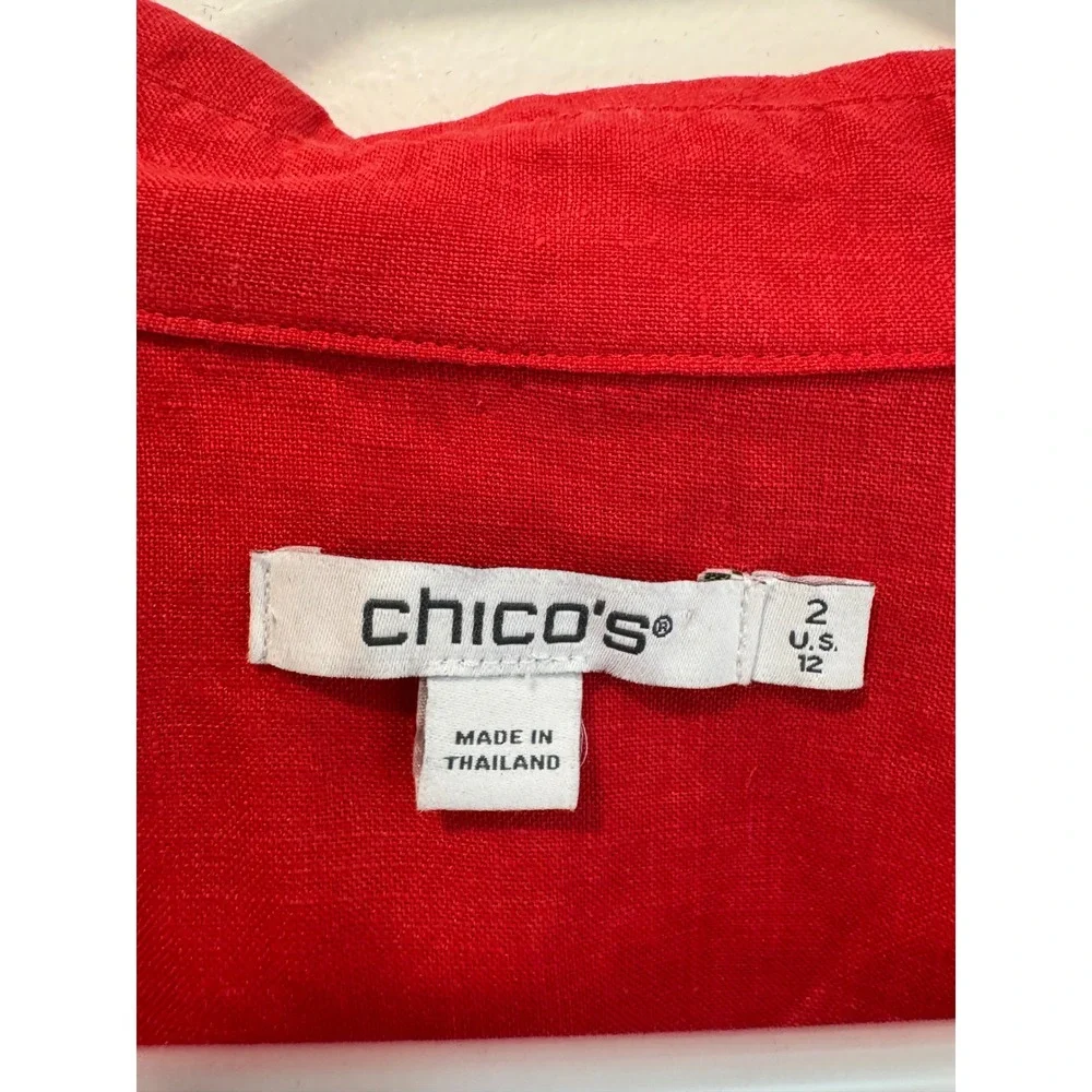 Chicos Red 100% Linen Button‎ Down Shirt 3/4 Sleeve Size 2 US 12 Top